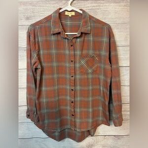 Love Notes Plaid Button Front Shirt Women’s Medium Brown Gray Blue – 100% Cotton